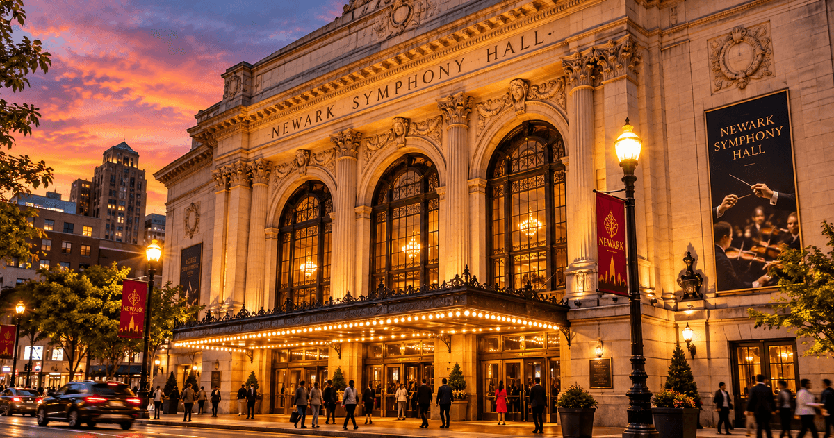 The historic facade of Newark Symphony Hall at 1020 Broad Street, a 1925 landmark concert hall