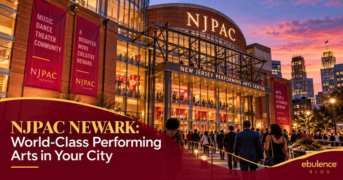 NJPAC (New Jersey Performing Arts Center) building exterior in downtown Newark at 1 Center St with patrons arriving for an evening performance.