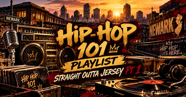 Illustration of vintage hip-hop equipment with Newark skyline at sunrise, representing the Hip-Hop 101 Playlist on Ebulence radio